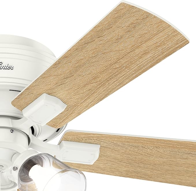 Hunter 42 inch Indoor Ceiling Fan with LED Lights and Pull Chain - Low Profile Flush Mount White Ceiling Fan, 5 Blades, For Bedroom, Living Room, or Kitchen, Quiet - Crestfield 52152, Fresh White