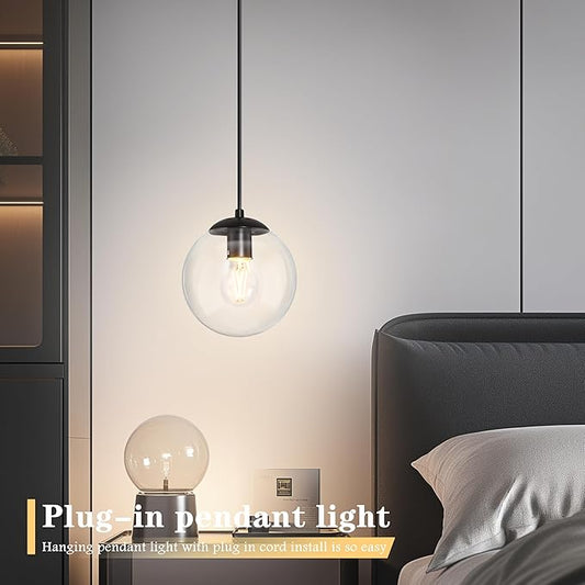 KoKo&Yukina 8" Globe Pendant Light Black Plug in Pendant Light Adjustable Hanging Lights with Plug in Cord Matte Black Finished with Clear Glass Lampshade for Bedroom Kitchen Island(Bulb Included)