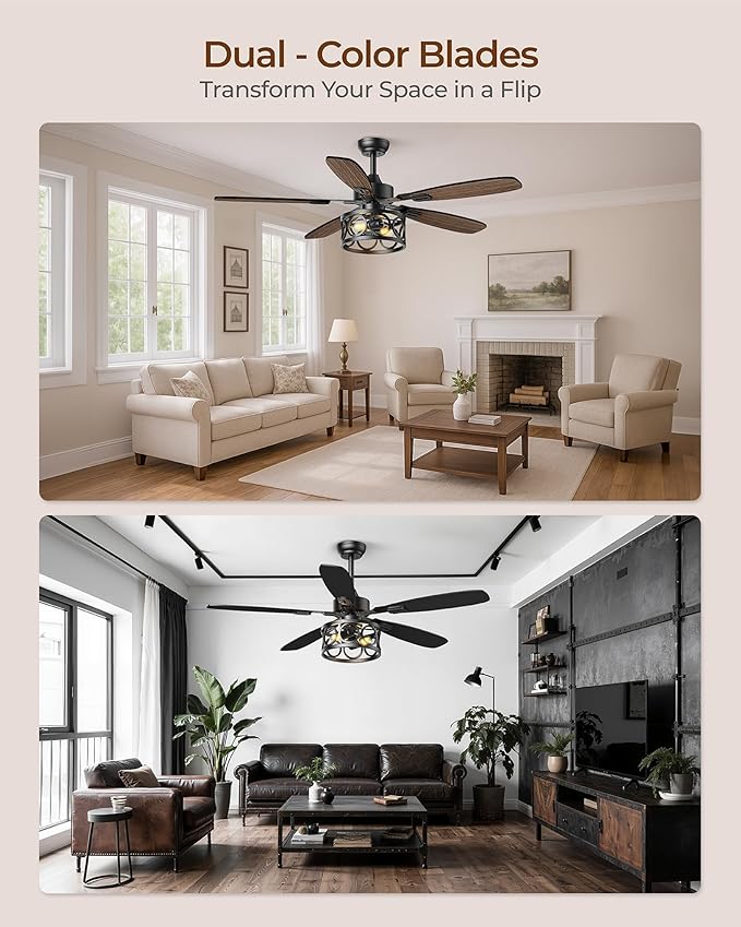 Ceiling Fans with Lights and Remote, 52'' Vintage Caged Ceiling Fan with Light, 5 Blades, 6+1 Speed, Flush Mount Ceiling Fan Whisper-quiet for Farmhouse, Living Room, Kitchen and Porch (52 Inch)