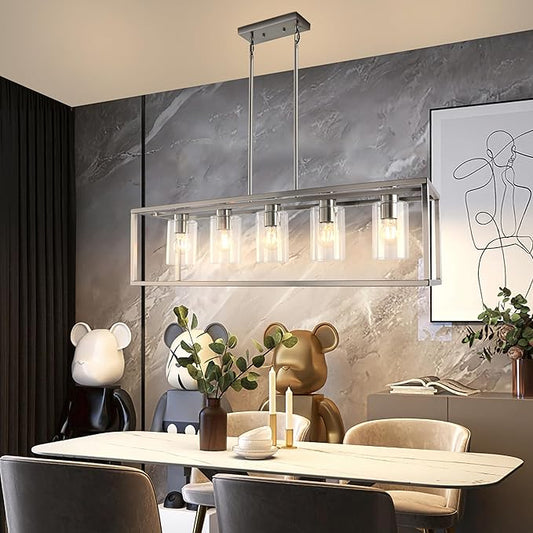 Chandeliers for Dining Room, 5 Light Dining Room Light Fixture Modern Metal Industrial Kitchen Lighting Fixtures Ceiling Easy Installation Kalium Pendant Lights for Bar Restaurant-E26 Socket,Sliver