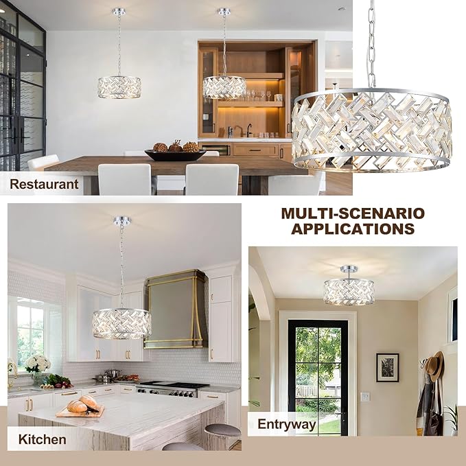 Chrome Crystal Chandelier, 4-Light Morden Dining Room Light Fixture,15.16" Round Semi Flush Mount Chandeliers for Kitchen Foryer Entryway Hallway Living Room Bedroom (ETL Listed)