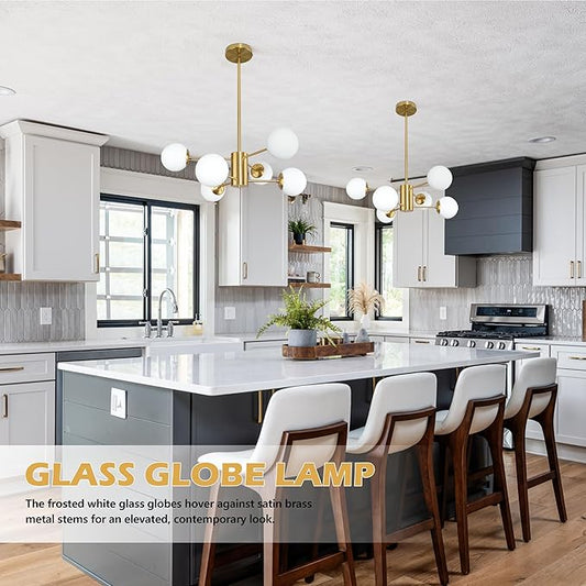 Bagood 6-Light Globe Sputnik Chandelier Milk Glass Modern Gold Chandelier Light Fixture Mid Century Sputnik Chandeliers Pendant Light Frosted Globe Adjustable Hanging Ceiling Light for Entryway