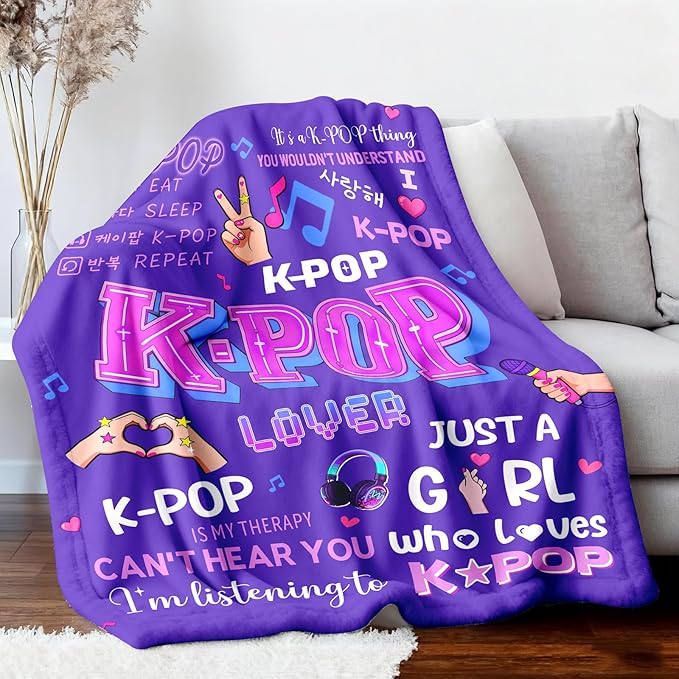 Kpop Gifts Blanket for Teen Girls - Music Gifts for Women Friends K-Pop Fans Lovers, Kpop Merch Stuff, Christmas Birthday Gifts for BFF Girls Women, Just A Girl Who Loves K-pop Blanket 80''x60''