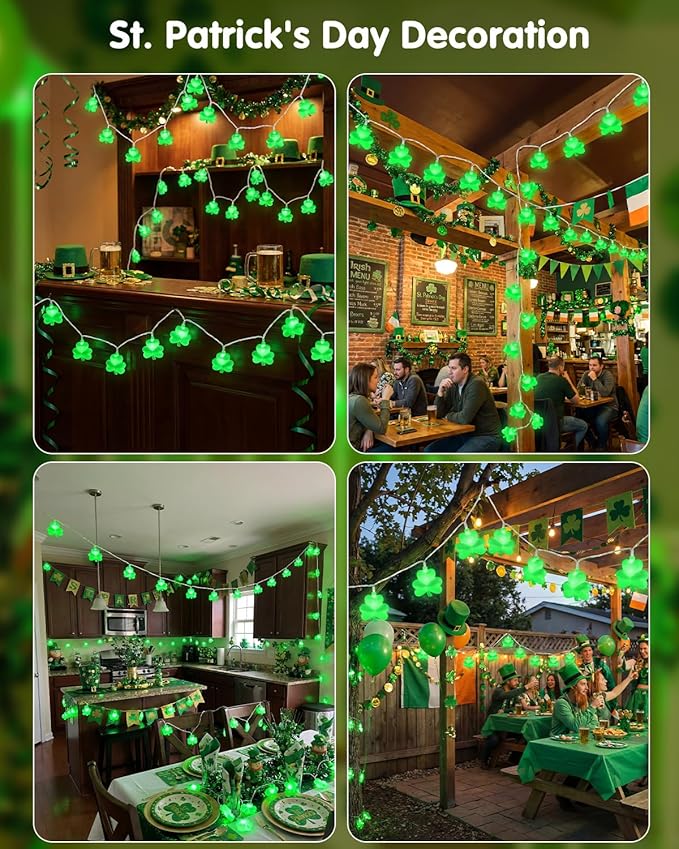 SUNSGNE St. Patrick's Day Lights Shamrocks Decorative String Light, Lucky Clover String Lights with 10 LED Green Fairy Bulbs for Indoor Outdoor St. Patrick's Party Holiday Decor, White Wire