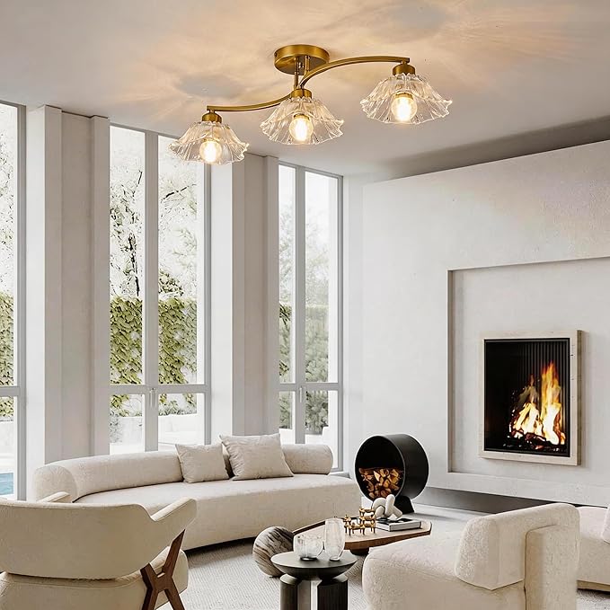 Semi Flush Mount Ceiling Light Fixture,3 Lights Modern Glass Shade Chandelier, Mini Ceiling Fixture for Entryway, Kitchen, Bedroom, Golden