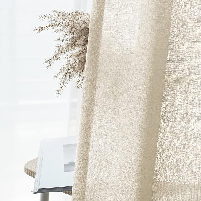 Melodieux Beige Semi Sheer Tier Curtains 45 Inch Length for Kitchen Cafe Bedroom Small Windows, Linen Look Rod Pocket Short Curtain Tiers Voile Drapes, 2 Panels