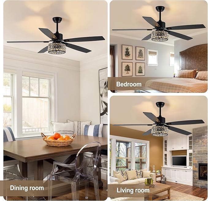 Chandelier Ceiling Fans with Lights and Remote,Caged Ceiling Fan with Light,App 5 Blades E26 Fandelier Ceiling Fans with Lights,Crystal Ceiling Fan for Bedroom,Living Room. (Black, 60 Inch)