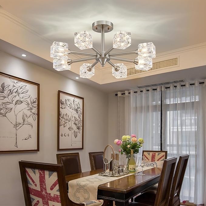 XINGQI 8-Light Brushed Nickel Modern Sputnik Chandeliers Semi Flush Mount Ceiling Light Fixture for Dining Room Bedroom Living Room Kitchen Entryway