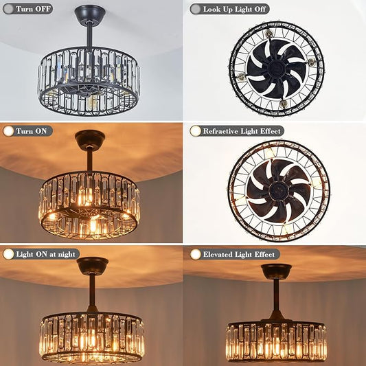 18.2" Modern Crystal Ceiling Fan with Light Black Crystal Fandelier Light Caged Ceiling Fan Light with Remote Reversible Industrial Chandelier Fan for Bedroom Living Room Dining Room Entry foryer