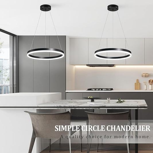 20" Modern Black Led Chandelier Ring Dimmable LED Chandeliers with Remote Control for Kitchen Island Height Adjustable Chandelier Led Pendant Light for Living Room Dining Room Bedroom Foyer