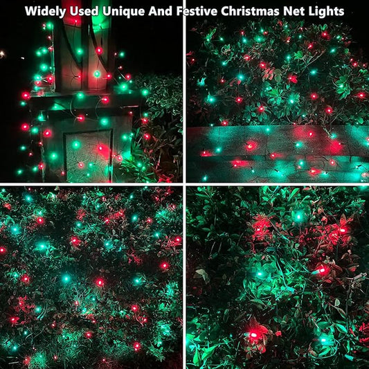 HISHINY LED Christmas Net Lights Outdoor, 5ftx5ft 100LED Green Wire, Connectable Bush Mesh Net Lights String for Halloween Christmas Party,Shrub,Yard,Tree(Red&Green)