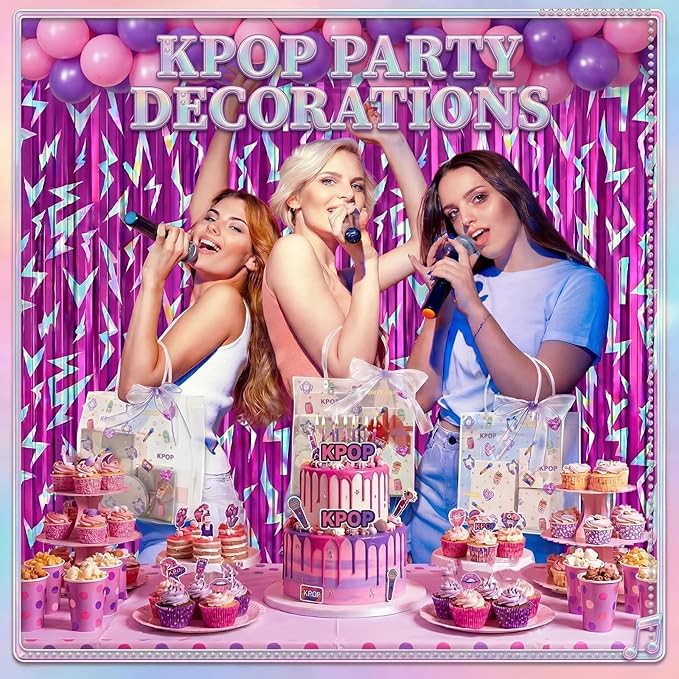 Tudomro 4 Pack Kpop Birthday Party Decoration Pink Purple Lightning Streamers Backdrop Blue with Purple Lightning Print Foil Fringe Tinsel Curtains for Photo Prop Themed Party Supplies