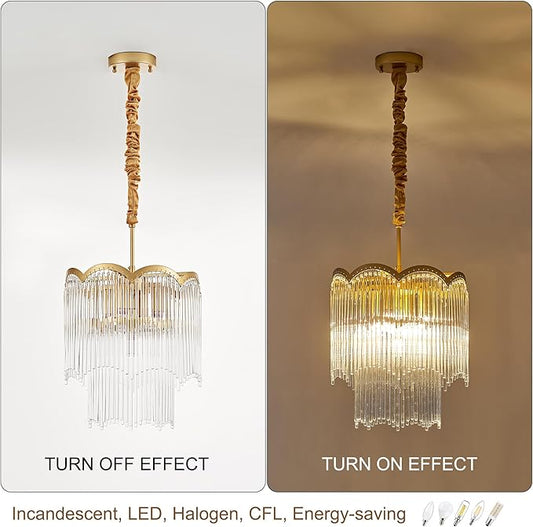12.52" Gold Clear Glass Crystal Pendant Light 5-Light Modern Crystal Pendant Ceiling Light Fixture 2-Tier Luxury Glass Chandeliers,for Dining Room Kitchen Island Living Room Bedroom