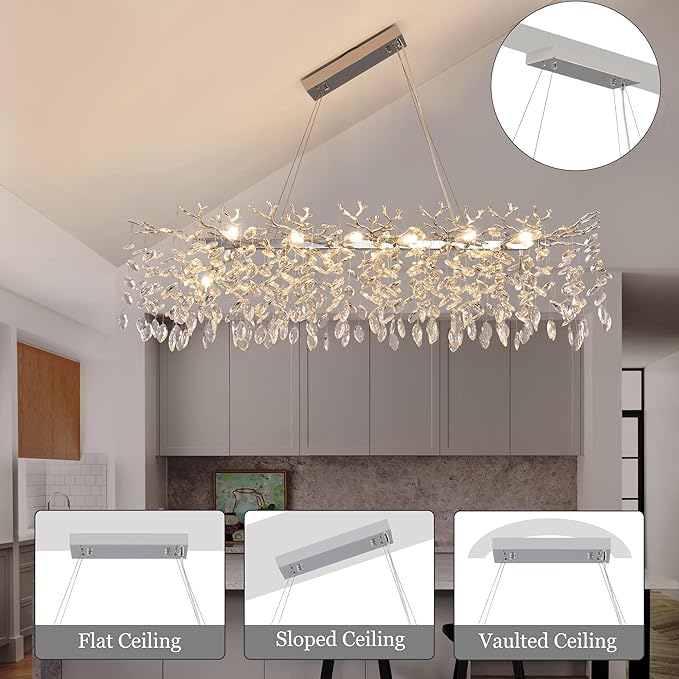 Tree Branch Chandelier Modern Crystal Pendant Light, Luxury Chrome Linear Rectangle Art Deco Raindrop Lighting Fixture for Dining Room Kitchen Island Living Room 10 Lights L40''