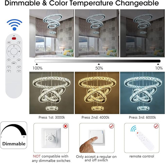 Modern Crystal Chandelier, Dimmable 4 Rings LED Linear Chandelier Dining Room Light Fixture with Remote for Entryway, Bedroom,Living Room and Foyer