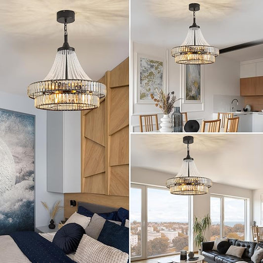 24" Modern Crystal Caged Fandelier, Smart Chandelier Fan with Remote and APP Control, Double Layer Ceiling Fan with Light for Dining Living Room Bedroom, Italian Design-Black