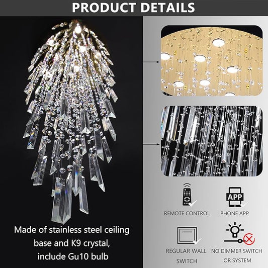 78'' Modern Crystal Chandelier High Ceiling Chandeliers for Entryway Large Raindrop Chandeliers LED Dimmable Flush Mount Light Fixtures for Staircaes Foyer Hallway Living Room LED Bulbs Included Gold