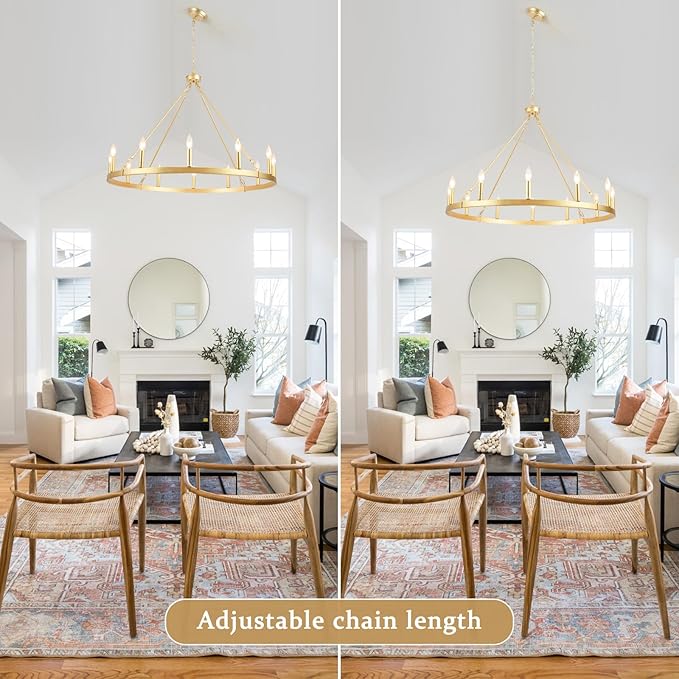 Gold Wagon Wheel Chandelier for Dining Room Light Fixture 12Light Gold Chandelier for Foyer 38inch 27-86" Height Adjustable Pendant Light for Flat Sloped Ceilings Dining Room Kitchen Island Entryway