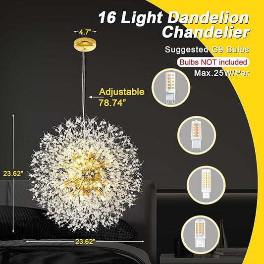 Qamra Modern Crystal Gold Chandeliers, Firework Dandelion Sputnik Chandelier Light Fixture Pendant Lighting for Dining Room, Bedroom, Kitchen, Living Room(16-Light, Gold)