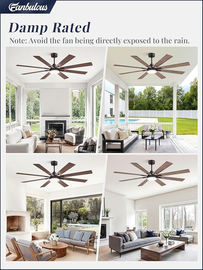 Fanbulous 65 Inch Ceiling Fan with Light and Remote, 6 Speeds Reversible DC Motor Ceiling Fans for Living Room Patio Garage, 3CCT Dimmable LED, 8 Wood Blades, Downrod Mount, Sloped Ceiling Compatible