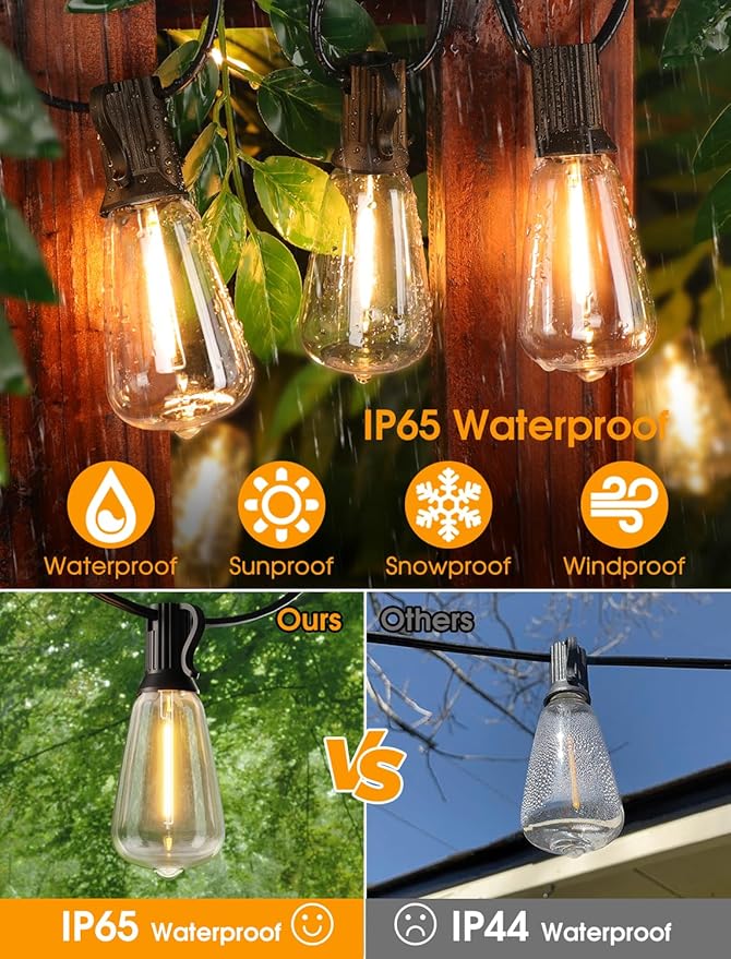 Larkvue 75FT(3x25FT) Outdoor String Lights, Patio Lights with 30+3 LED Dimmable Waterproof Connectable ST38 Bulbs for Outside Porch Balcony, Black