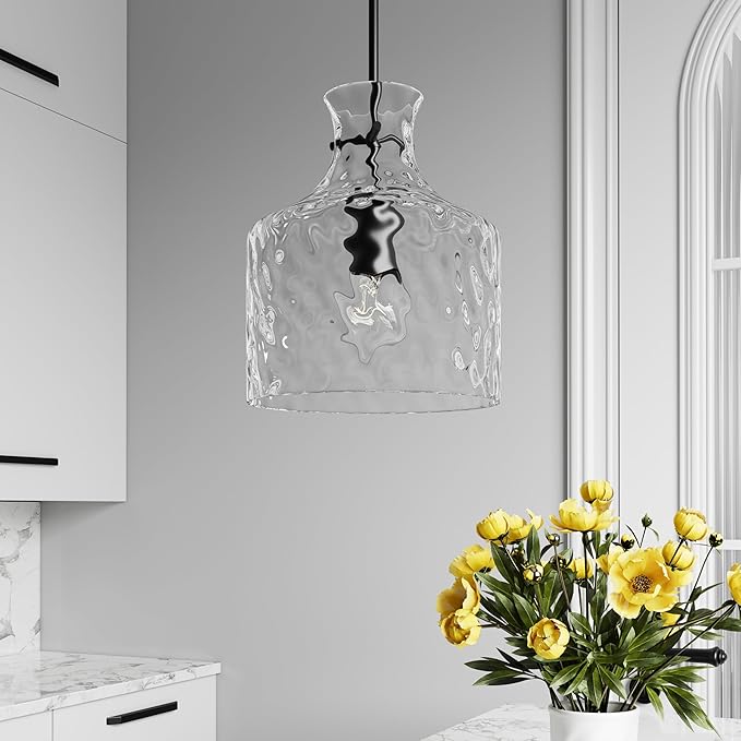 ML Lighting | Santorini Collection | 22601-MB | Indoor 1 Light Metal Pendant in Matte Black with Water Glass Shade | Kitchens, Dining Rooms, Living Rooms, Entryways, Hallways