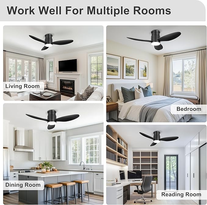 Ohniyou 42'' Flush Mount Ceiling Fans with Lights, Remote/App Control, Dimmable, Quiet Indoor/Outdoor Ceiling Fan for Covered Patio, Bedroom, Kitchen, Black