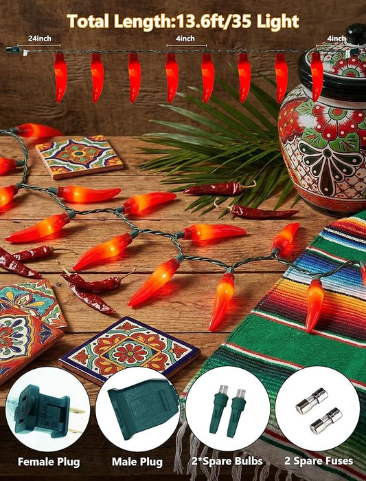 35 LED Red Chili Pepper Christmas Lights, 13.6Ft Outdoor String Lights with Warm White Bulbs, Plug in Fairy Lights for Indoor Party Kitchen Patio Garden Decor, Cook Off Decorations for Cinco De Mayo