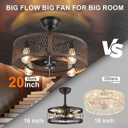 Depuley Outdoor Ceiling Fan with Light: 20" Caged Ceiling Fans with Remote Control for Patio Kitchen Bedroom - Farmhouse Fandelier Flush Mount Lights Fixture Reversible 6 Speed Timer Walnut