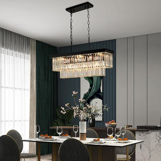 Weesalife Black Crystal Chandeliers for Dining Room Light Fixtures Over Table,9-Lights Modern Rectangle Chandeliers for Kitchen Island Bar L28 Inch