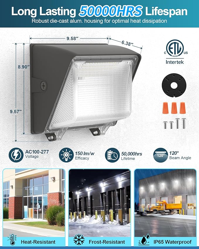 AKK 80W 60W 40W LED Wall Pack Light with Photocell, 12000LM 150LM/W, 3 Wattage & 3 CCT Selectable (4000K/5000K/5700K), 100-277V IP65 Outdoor for Parking Lots, Warehouse, Security Lighting | ETL Listed