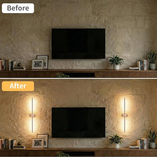 ONEWISH Battery Operated Wall Sconces Set of 2, 27.75" Rechargeable Wall Lights with Remote & Timer, 3-Color Dimmable Wireless Sconces for TV Wall Decor, Picture Light, Bedroom, Gold
