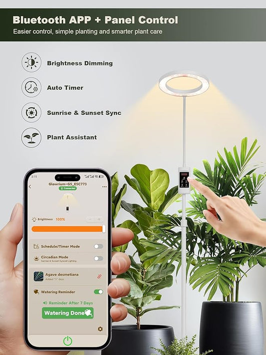 GLOWRIUM Smart Grow Lights for Indoor Plants, 24W Full Spectrum Plant Lights with Bluetooth App, Adjustable Height 47-70.9", Auto Timer, Indoor Plant Lamp for Large Tall Plants(White 24W)