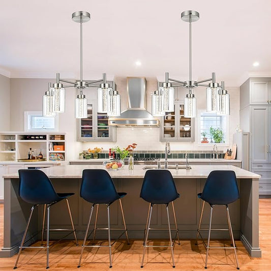 LED 5 Light Modern Chandeliers for Dining Room,Brushed Nickel Finish Hanging Lighting Fixture with Crystal Bubble Clear Glass Shade Kitchen Island for Hanging