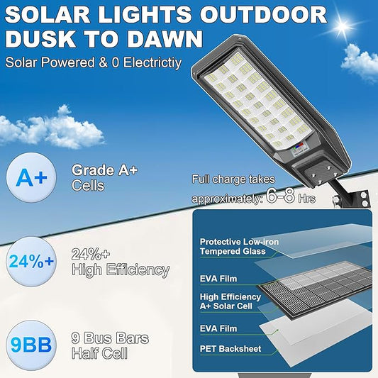 9500W Solar Street Light Outdoor Waterproof, 250000LM Large Commercial Light Solar Powered Dusk to Dawn LED Security Flood Lights with Remote/Motion Sensor, IP67 for Parking Lot/Garden/Yard