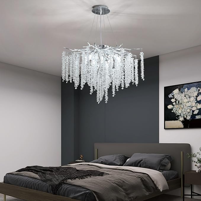 Modern Crystal Tree Branch Chandelier, D23.7'' Silver Round Raindrop Indoor Hanging Pendant Light Fixture for Dining Room Living Room Bedroom 8 Lights