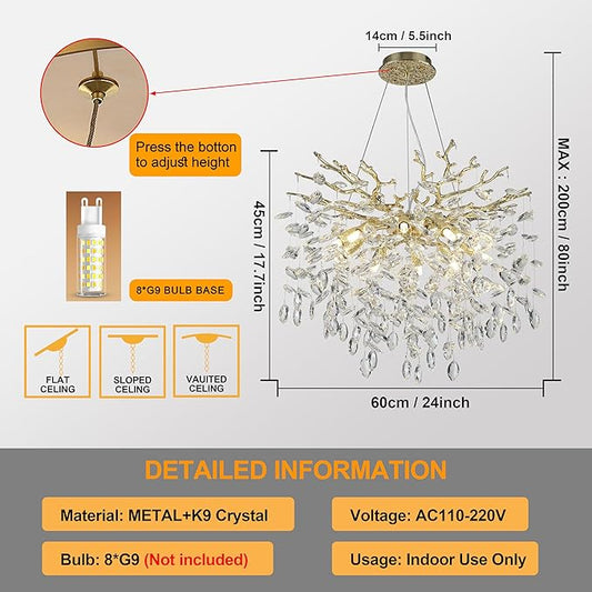 Modern Crystal Tree Branches Chandelier, 23.5in Gold 8 Lights Large Ceiling Hanging Light for Dining Room, Round Raindrop Pendant Light Fixture