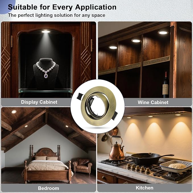 6 Pack Recessed Ceiling Downlight Fitting, Metal Downlight Frame for MR16 GU5.3 Bulbs, Adjustable Holder Applies to Artwork Cabinet, Antique Brass