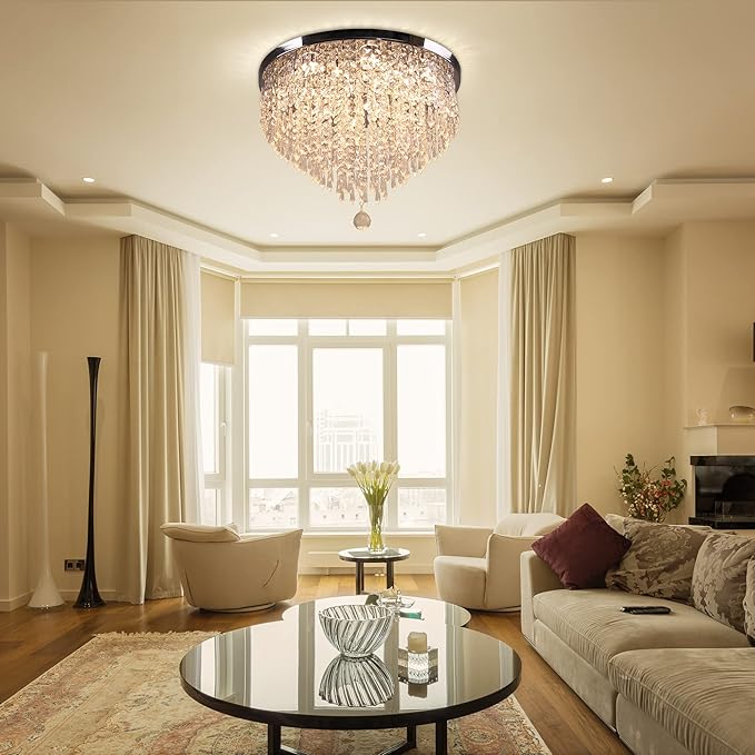 19.7" Crystal LED Flush Mount Ceiling Light, 5-Tier K9 Raindrop Crystals, Chrome Stainless Steel Chandelier Fixture for Bedroom, Living Room & Dining Room 3000K Warm White