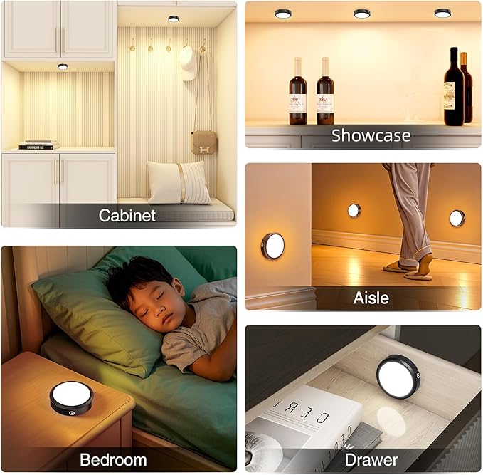 Puck Lights with Remote Control Rechargeable, Full-Screen Wireless LED Under Cabinet Lighting with Light Guide Plate,3 Color Dimmable Stick On Tap Lights for Kitchen,Counter,Closet,Shelf, 4PCS,Black