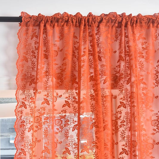 Burnt Orange Sheer Curtains 63 Inch Length for Bedroom 2 Panels Rustic Leaf Floral Scalloped Edge Vintage Rust Sheer Lace Curtains, Rod Pocket Privacy Window Lacy Curtain Drapes, 42 x 63 Inch