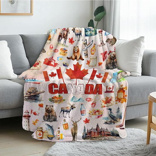 Canadian Blanket Gifts for Women and Men, Canadian Flag Maple Leaf Print Blankets, Cozy Flannel Canadian Themed Blanket for Holiday, Birthday Gifts for Christmas Thanksgiving Day 50x60in