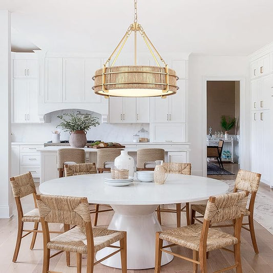 21.5'' Boho Rattan Chandelier Light Fixture, 5-Light Hand Woven Rattan Chandeliers with Fabric Shade, Rustic Gold Pendant Light for Kitchen, Bedroom, Dining Room, Living Room, Foyer