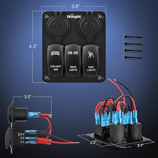 Nilight 3 Gang Rocker Switch Panel with USB Charger and Cigarette Lighter 12V 24V Toggle LED Light Bar Rear Lights Rock Switches for Cars Rvs Trucks