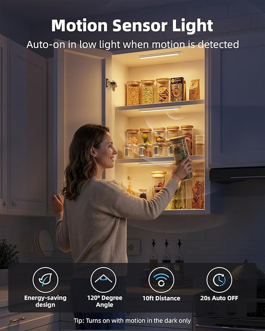 Under Cabinet Lighting, 12inch Rechargeable Motion Sensor Light Indoor, 2400mAh Battery Operated Closet Lights, with Dimmable & 3 Color Temps, Wireless Under Counter Lights for Kitchen,Stairs(6Pack) 
