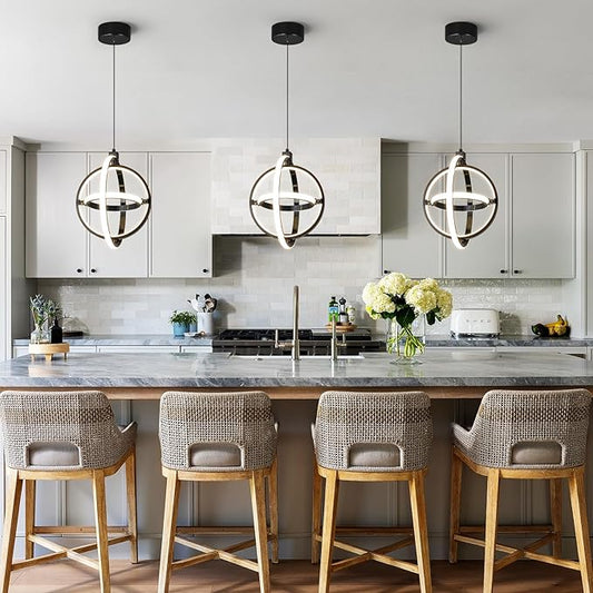 Modern LED Pendant Light Black Pendant Lights 4000K Dimmable External Glow Height Adjustable Pendant Lighting for Kitchen Island Dining Room Bedroom Living Room Foyer(3-Ring)