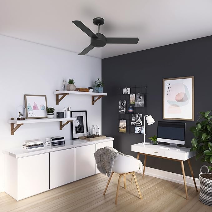 Hunter 44 inch Indoor Ceiling Fan No Light - Black Modern Ceiling Fan without Light, 3 Blades, Standard Mount, For Bedroom, Living Room, or Kitchen, Wall Control - Presto 51847, Matte Black