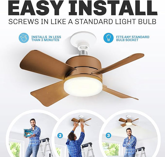 Bell+Howell Socket Breeze Socket Fan Light with Remote, Portable Small Ceiling Fans with Lights for Bedroom, Kitchen, Living Room, Ceiling Fan with Light 3500K, 1000 Lumens, Screws into E26/E27