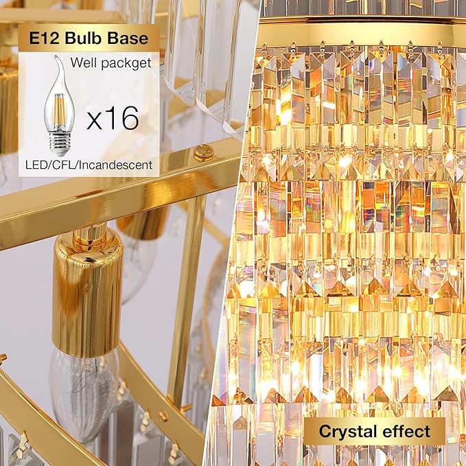 31" Gold Crystal Chandelier, Modern 6-Tier Ceiling Light with Clear Crystal Prisms, Luxury Pendant Lighting for Dining Room Living Room Entryway