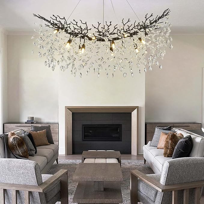 Modern Crystal Black Chandelier, 47" Large Rectangular Tree Branch Chandeliers for Dining Room Over Table,Living Room,High Ceiling,Kitchen Island,Foyer,Staircase, Crystals Ceiling Light Fixtures